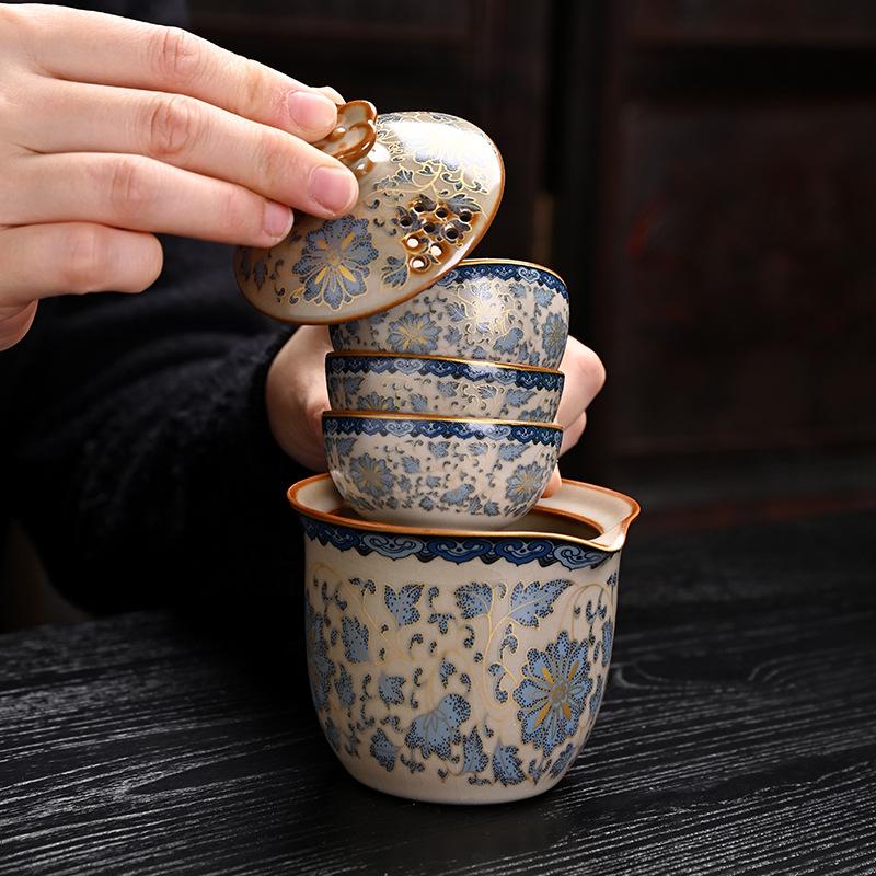 Ru kiln portable travel tea set Kuaike cup outdoor leather bag storage bag travel advanced sense camping