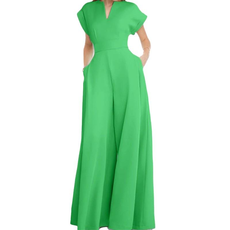 Women's Fashion Elegant Solid Color Loose V-Neck Short Sleeve Wide Leg Jumpsuit