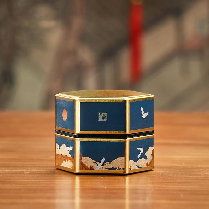 Kreativní šestihranná plechová dóza na čaj Čínský pocínovaný zásobník na čaj Malá uzavřená přenosná krabička na čaj Prázdná dóza Příslušenství k čajové soupravě