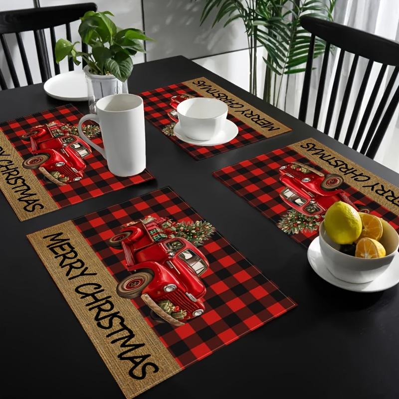 4pcs, Vintage Pickup Truck Merry Christmas Placemats, Linen Red Black Buffalo Plaid Truck Christmas Tree Christmas Table Mats, 12*18 Inch Winter