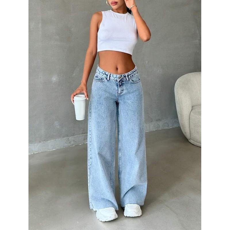 Damen High Waist Weites Bein Gerader Schnitt Jeans Lockerer Sitz Vintage Gewaschene Jeans 2025
