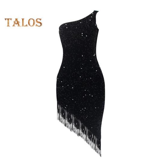 Women Evening Dress Slant Tassel Hem Sequin One Sloping Shoulder Sleeveless Bodycon Party Wedding Cocktail Clubwear Midi Dress