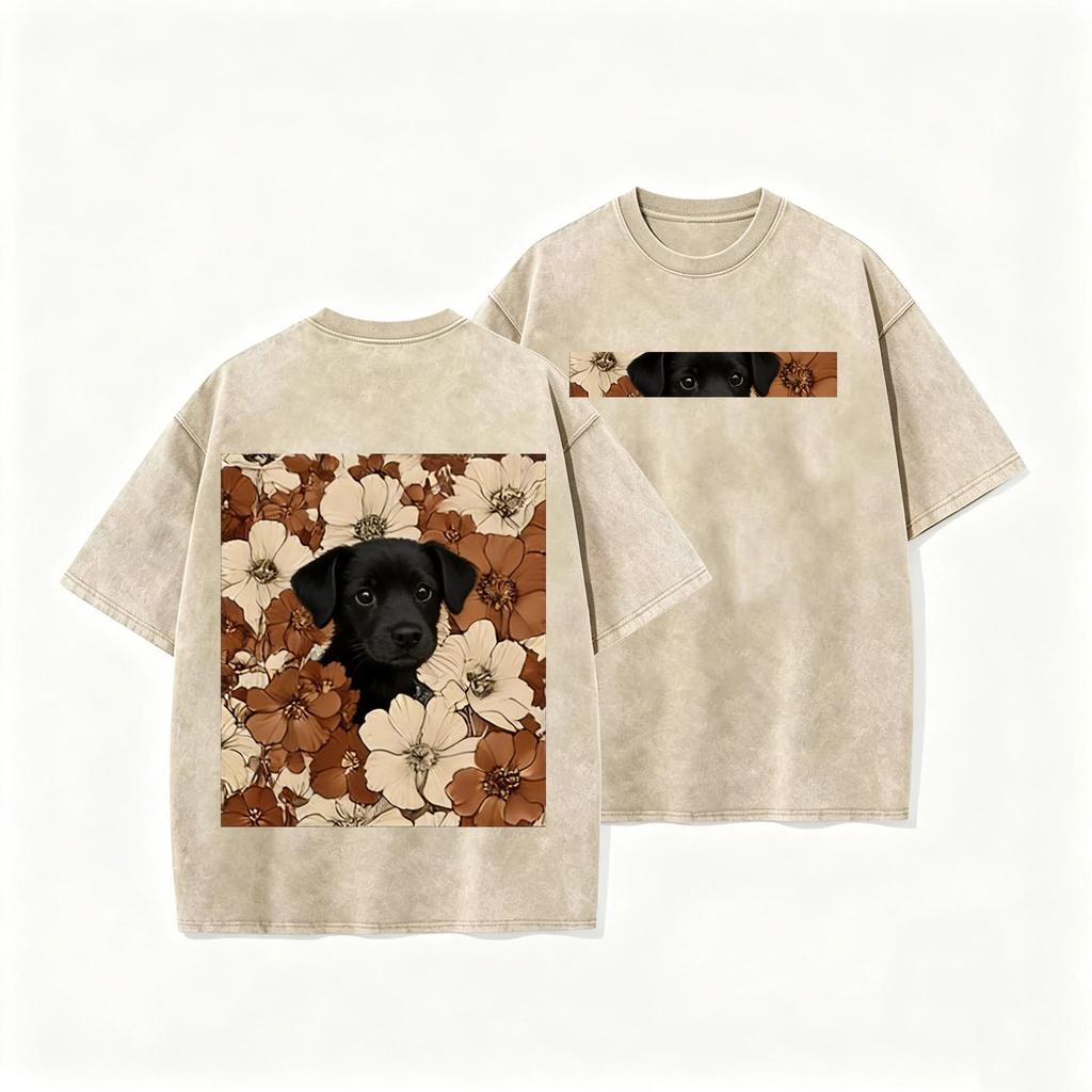 Double Sided Animal Pattern Print Vintage Washed T Shirt Oversized Cotton Aesthetic Kawaii Casual Short Sleeve Streetwear Tee