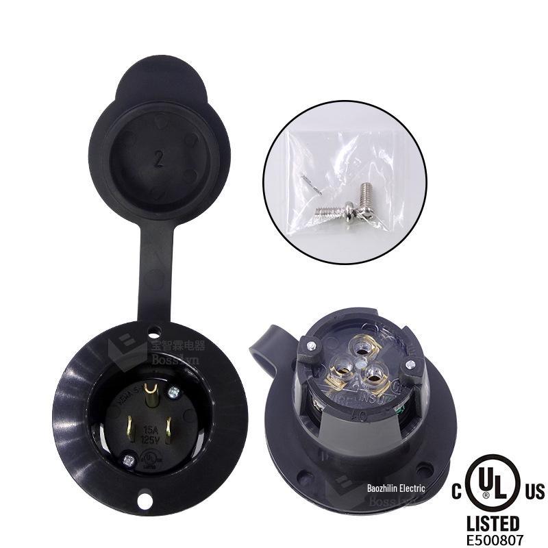 All Black NEMA 5-15P US Standard Industrial Plug with Waterproof Cover