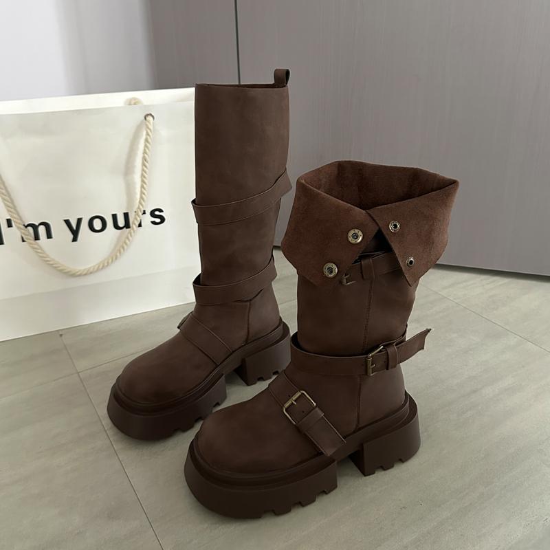 Winter Platform Thick Sole Woman Knight High Boots Fashion Belt Buckle Slip On Shoes Ladies Slim Punk Modern Long Botas