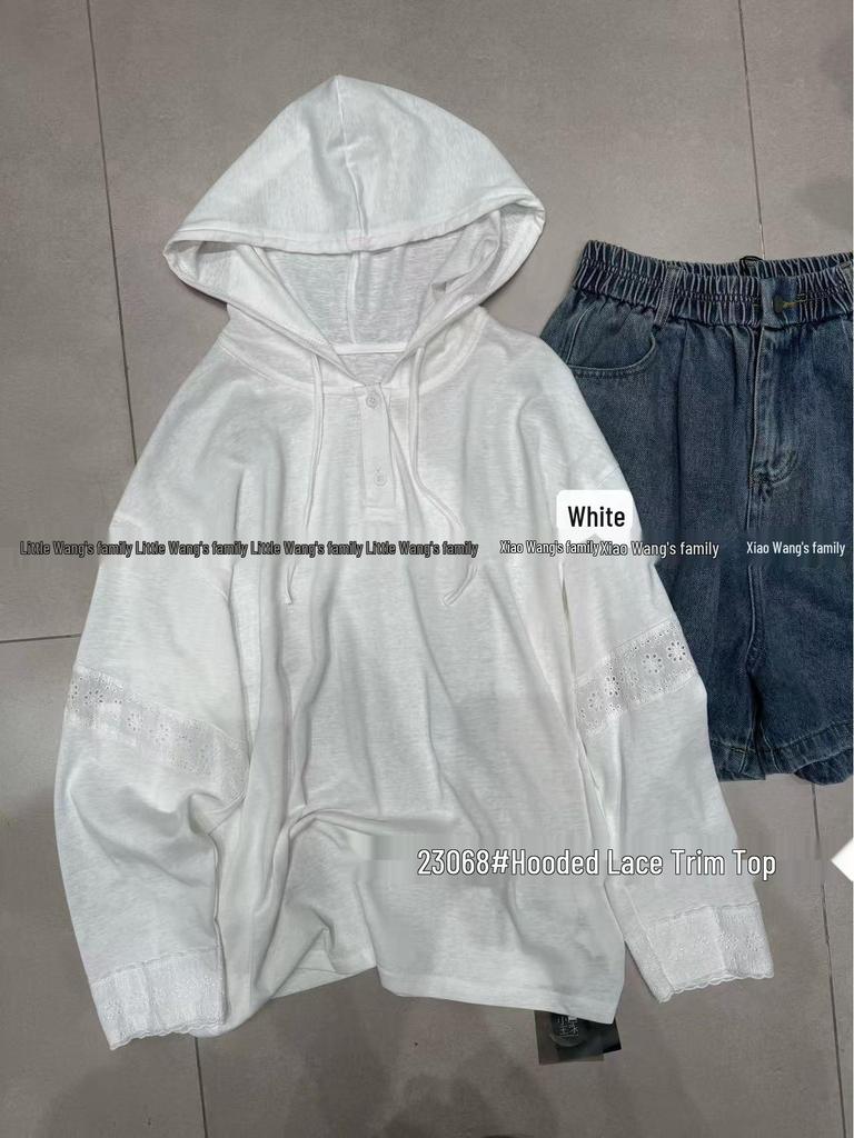 Xiao Wang's Spring Korean Loose Fit Plus Size Lace Patchwork Hooded Long Sleeve T-shirt