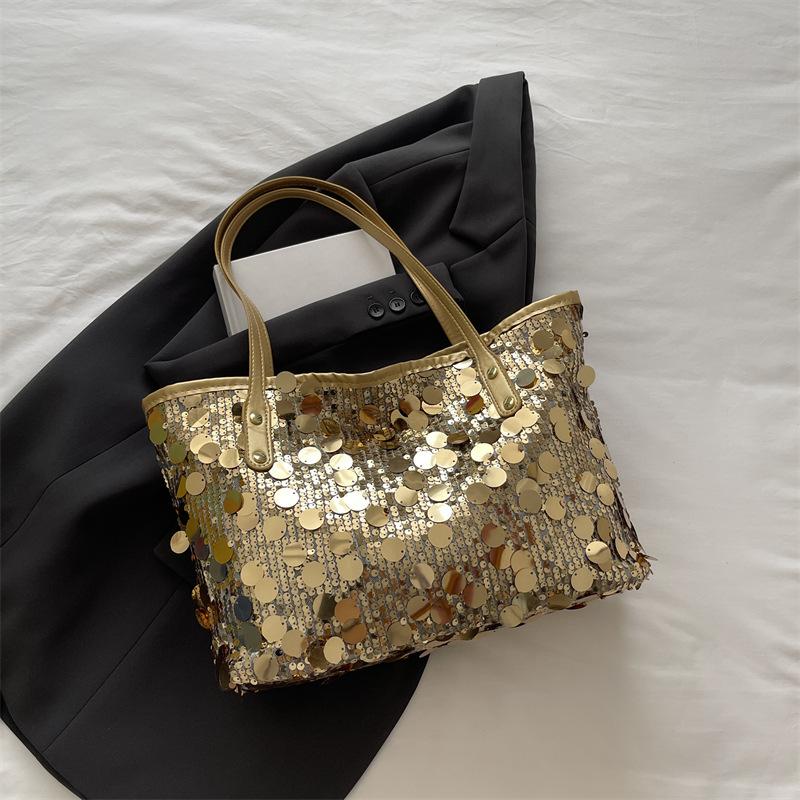 Fashion sequined bag women's 2025 new niche trend bucket shoulder bag commuter versatile large-capacity tote bag