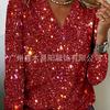 Women's V Neck Long Sleeve Sequin Top Regular Fit Elegant Casual Blouse For Party Holiday Daily Wear