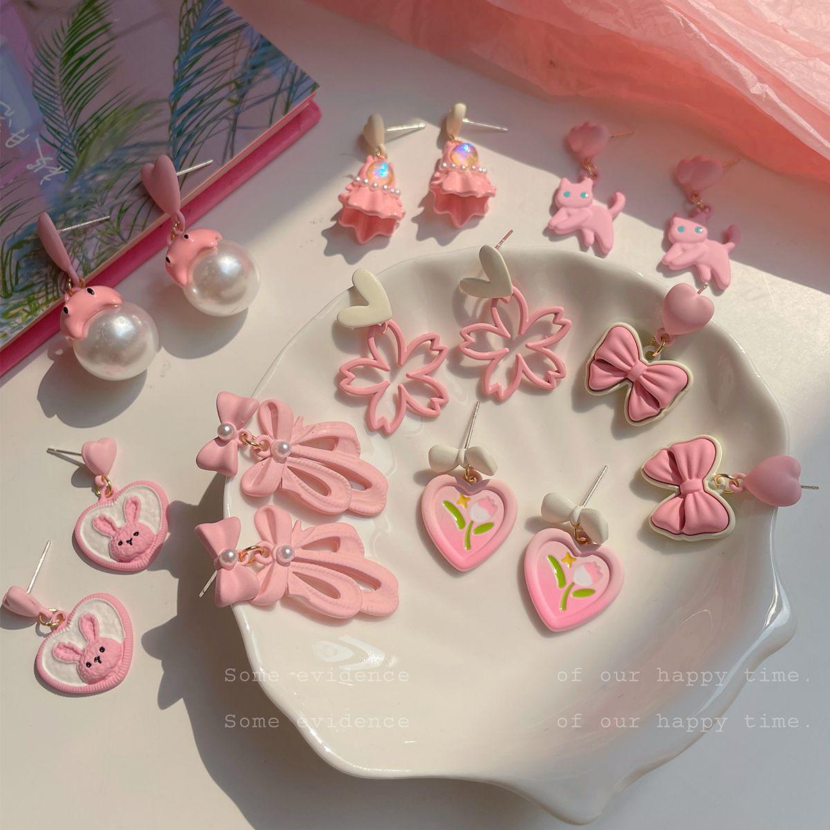 

Pink Flower Bow Earrings: Silver Needle, Sweet Cartoon Design for Women
