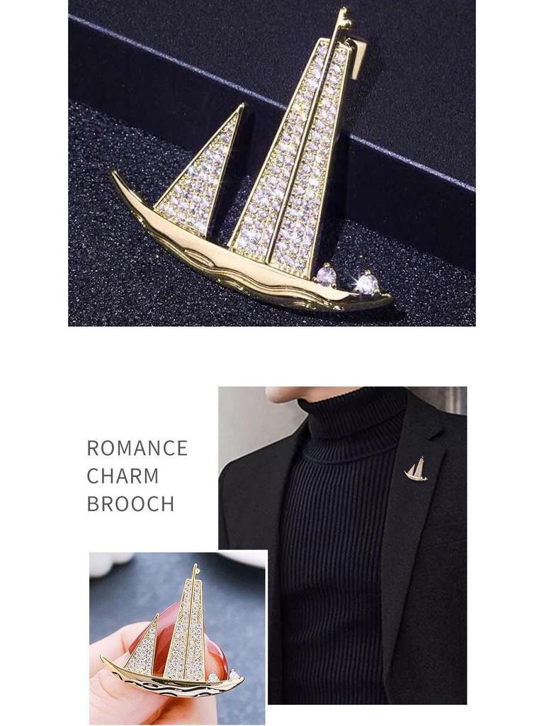 Men's Smooth Sailing Sailboat Zircon Brooch: Elegant Suit Jacket Pin Accessory
