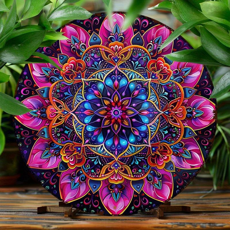 Vibrant Pink and Blue Mandala Round Metal Sign D Flat Printed Colorful Bohemian Art Tin Plaque Intricate Floral Psychedelic H