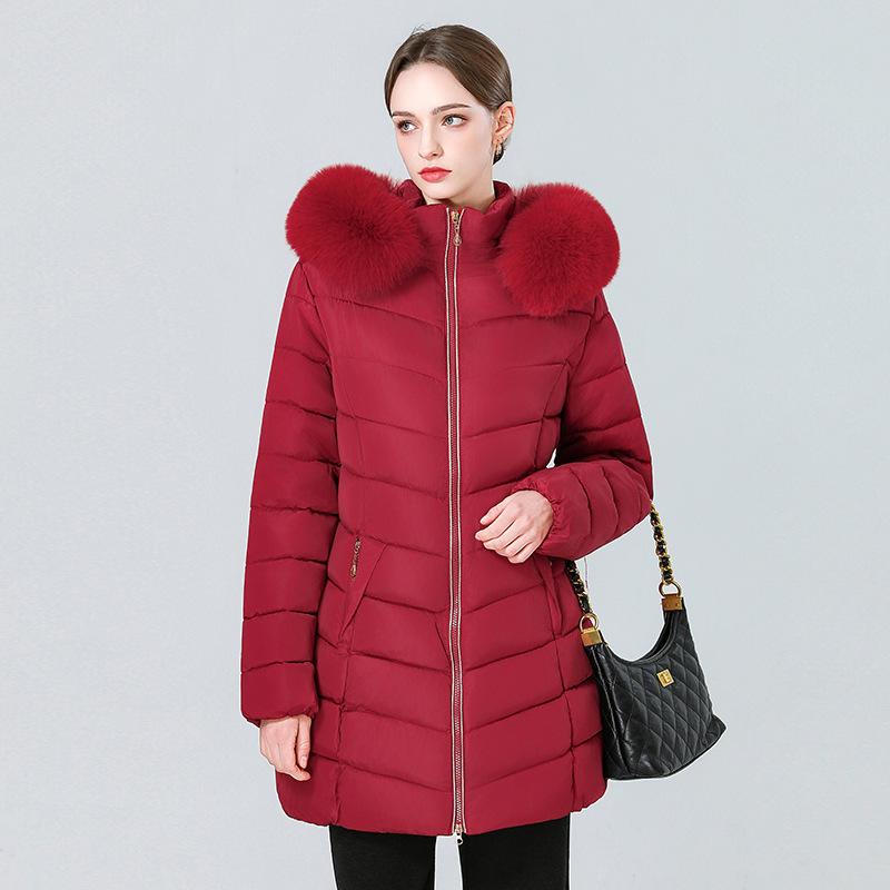 Women's stand-up collar large sweater cotton-padded jacket medium and long slim-fitting cotton-padded clothing, solid color zipper model thickened to