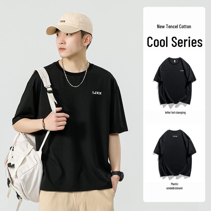 

Мужская модная черная футболка из ледяного шелка и хлопка с круглым вырезом, свободного кроя, с принтом, с коротким рукавом XL