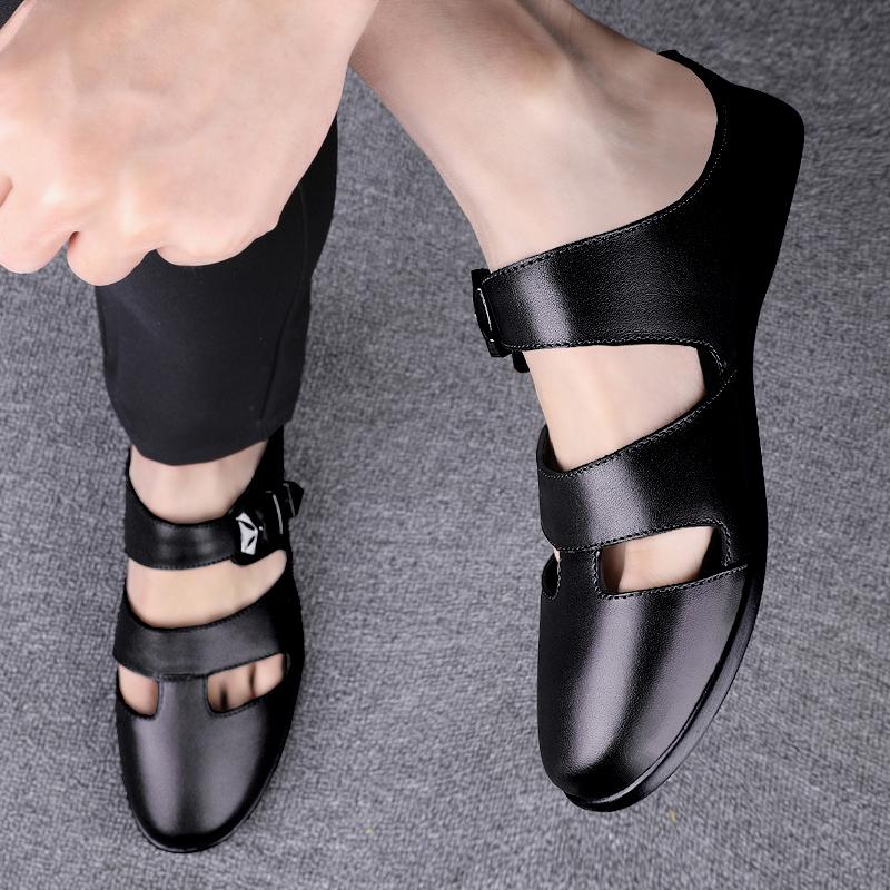 Semi-Drag Loafers Slipper Man Mules Leather Summer Backless Casual Shoes Slip On Flats Half Shoes For Men Slides Sandals Outdoor