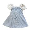 Kinder Mädchen Perlen Spitze Ärmel Denim Kleid Kleinkind Mode Sommer Kleider
