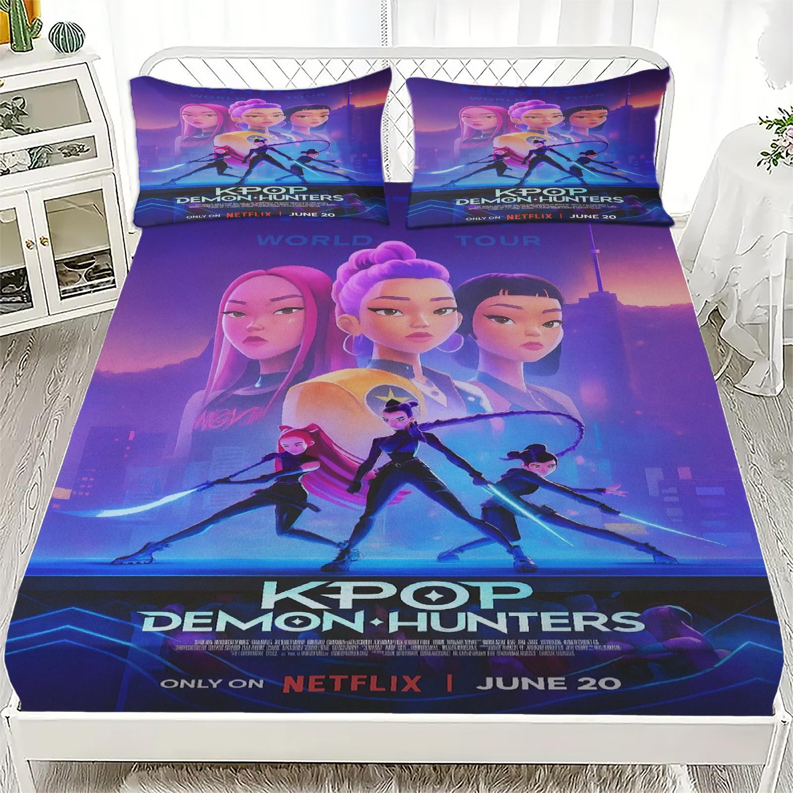 

K-Pop D-Мисливці на демонів Простирадло на резинці від Personalized для домашнього декору, Індивідуальний DIY чохол на ліжко Глибока кишеня з 2 наволочками 120x200x25cm 3pcs