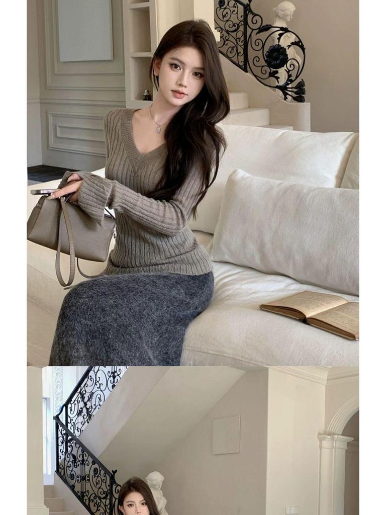 Pure Desire Vibe Sexy V-Ausschnitt Damen Strickoberteil mit ausgestellten Ärmeln - Herbst Winter Y2K Stil Pullover