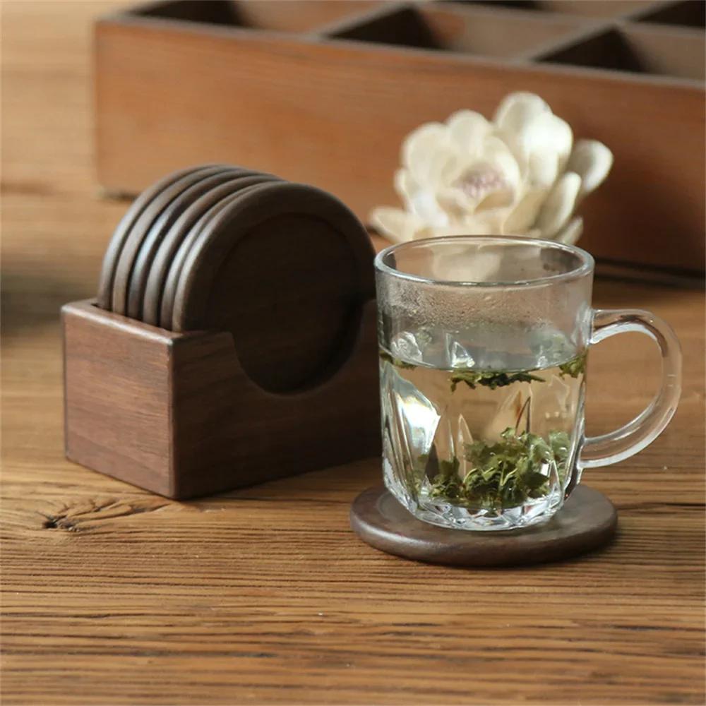 6pcs/set Free Custom Carved Walnut Wood Coasters Placemats Decorative Round Insulated Japanese Beverage Coasters Home Decor