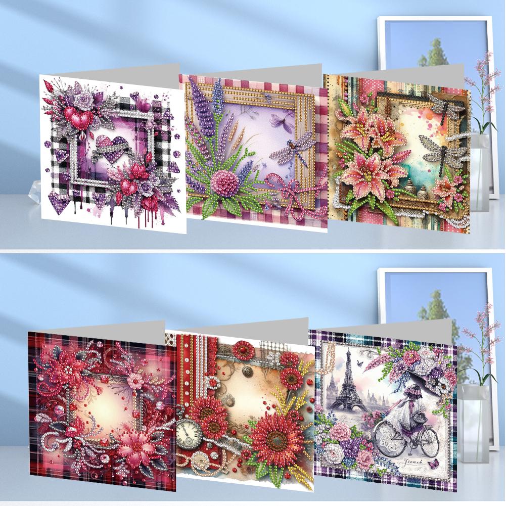 6pcs Diamond Painting Gift Card Handmade 5D Rhinestone Arts Greetings Birthday Card Arts Crafts for Birthday Blessing and Wishes