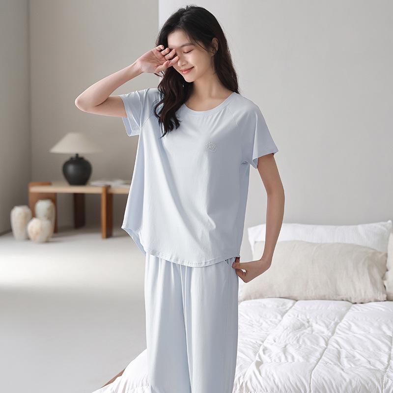 Lyocell Women's Summer Short Sleeve Pajama Set with Chest Pads - Casual Plus Size Home Wear