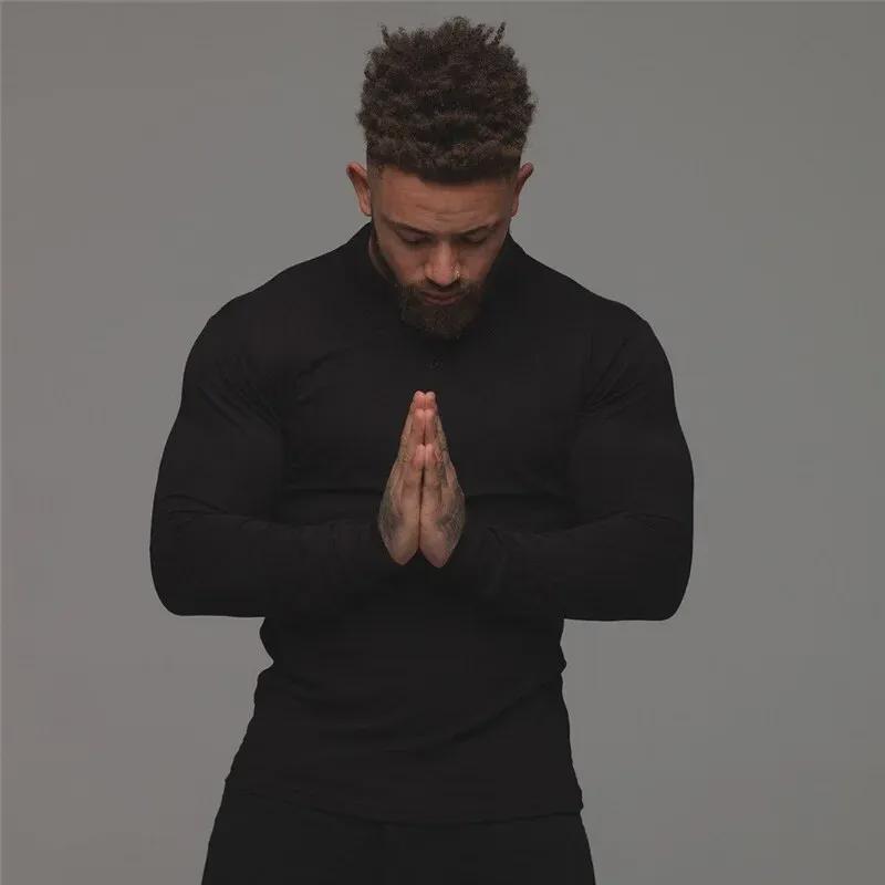 Men's European & American Muscle Fit Long-Sleeve Lapel Polo Shirt - Autumn/Winter Sports Fitness Tights