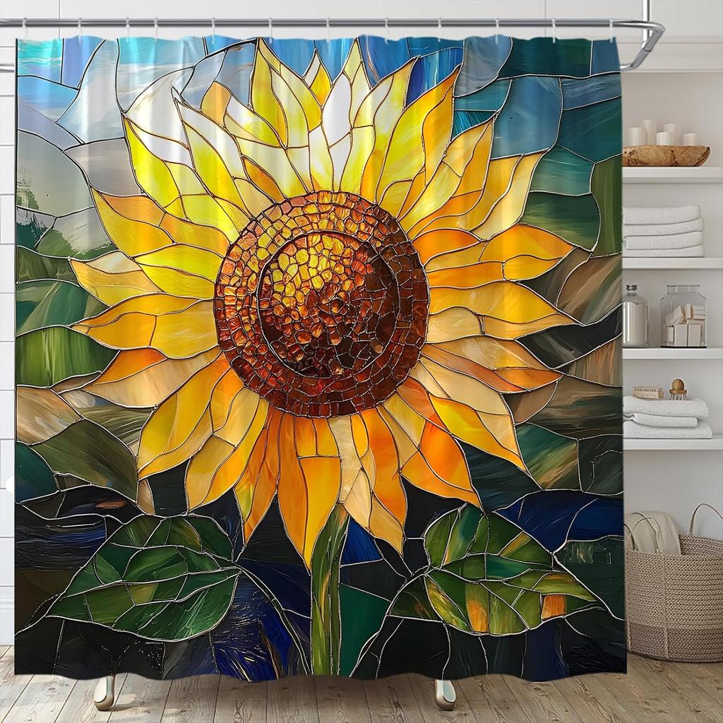 Stained Glass Sunflower Shower Curtain, Yellow Floral Abstract Art Rustic Farmhouse Bathroom Decor