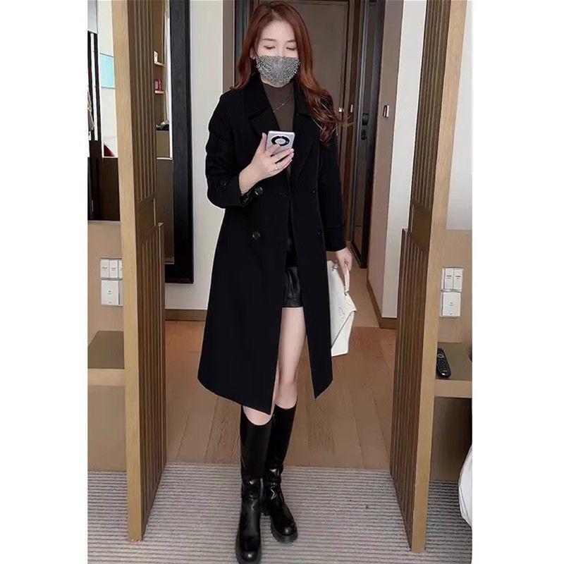 Women's Fleece-Lined Mid-Length Windbreaker - 2025 Autumn/Winter Korean Style Suit Collar Coat
