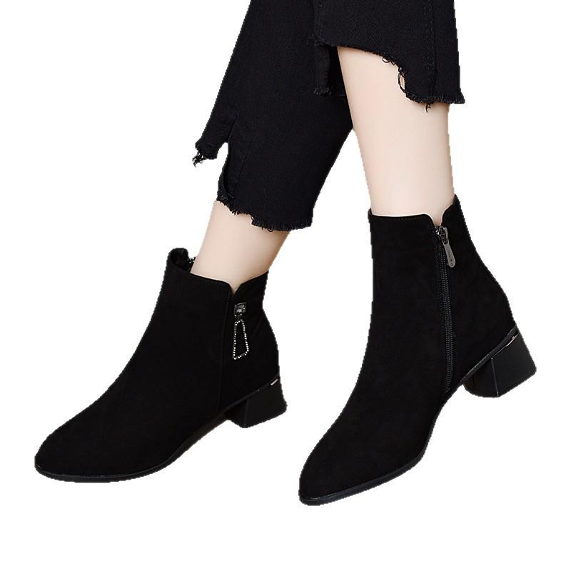 Autumn and winter new fashion boots women's simple temperament black matte short boots water drop buckle thick heel high heel boots leather boots