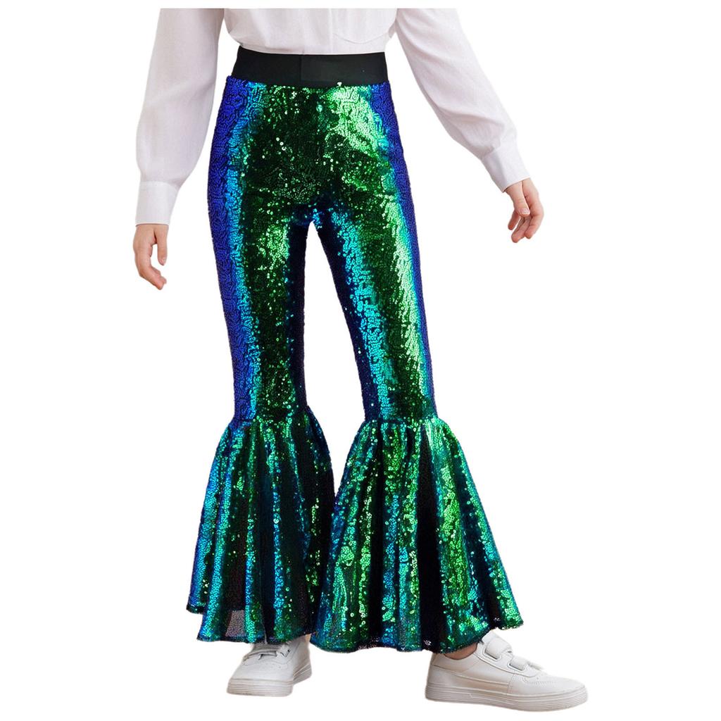 Pantaloni Compleți pentru Spectacol pe Scenă pentru Fete: Pantaloni evazați strălucitori cu paiete și talie elastică pentru dans și spectacol