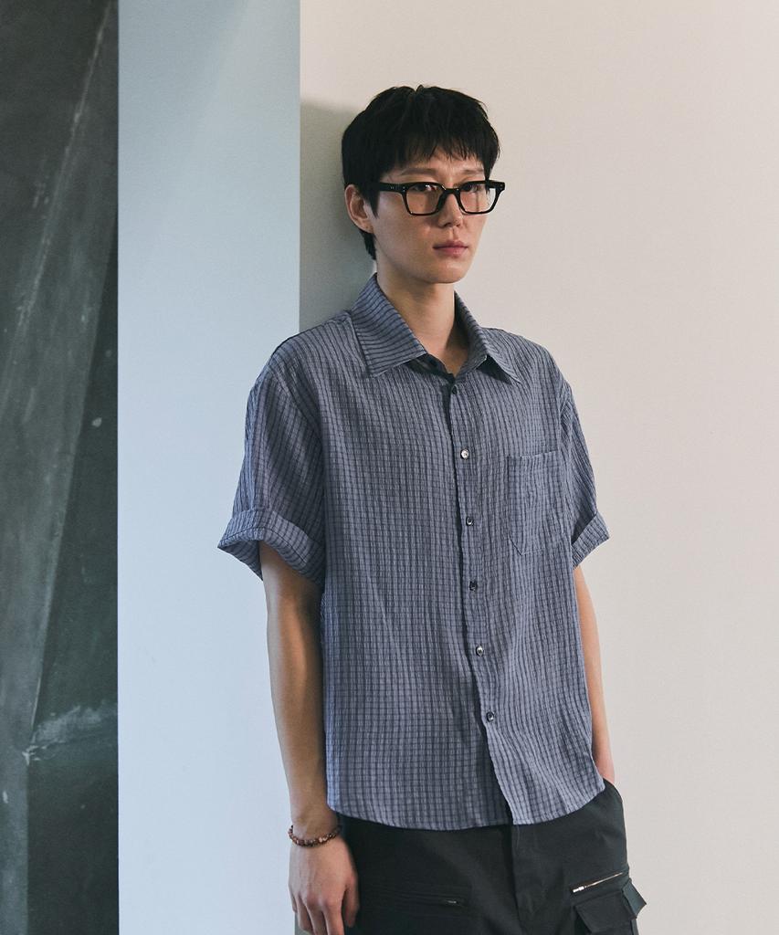 Beullusseonpeullawo Crinkle Check Short Sleeve Shirt [Blue]