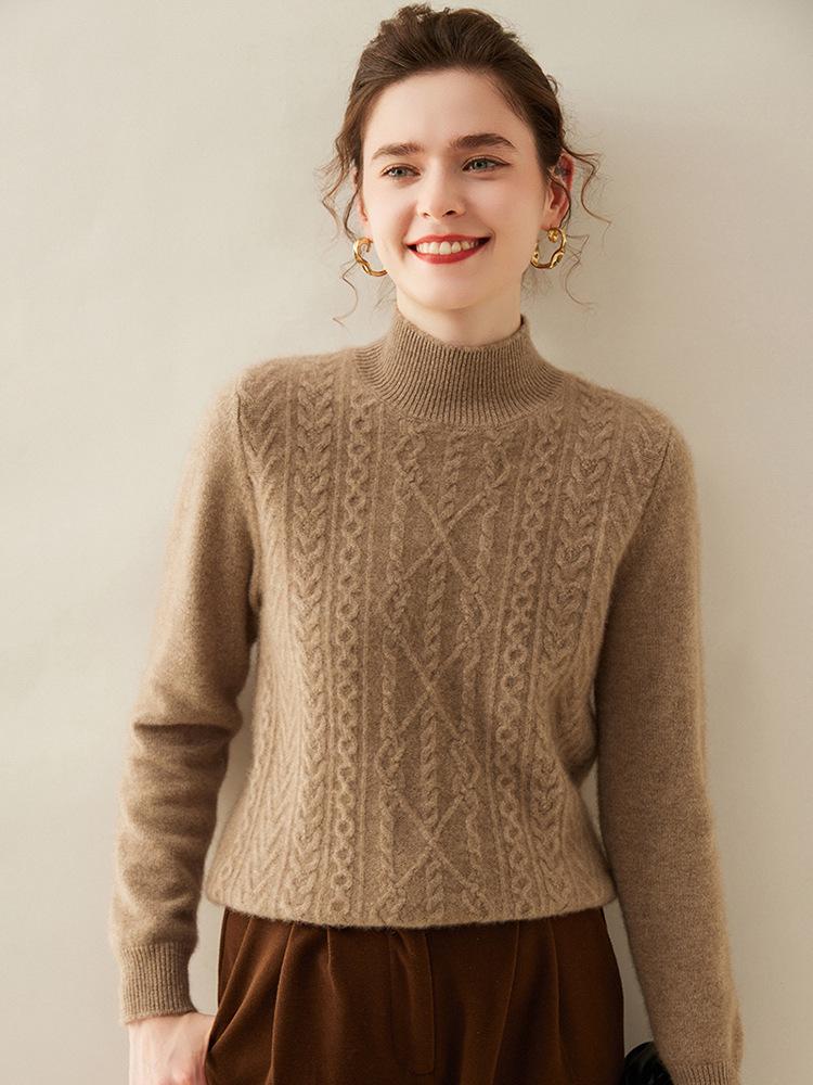Women's High Neck Cashmere Pullover - Long Sleeve Solid Color with Diamond Cable Knit Pattern for Fall and Winter