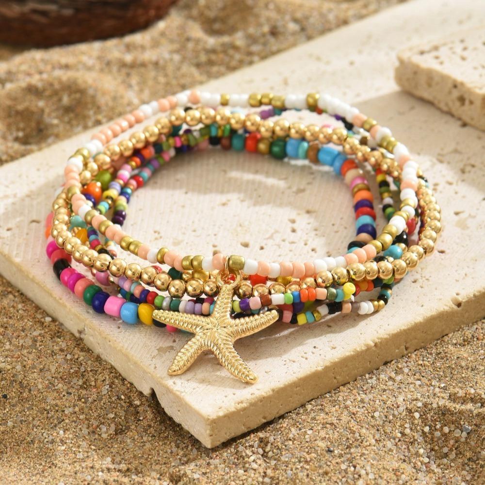 6pcs Stretch Beach Rice Beads Elastic Anklet Multilayer Anklet Set New Beach Jewelry