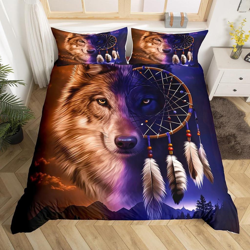 Wolf Duvet Cover Queen Twin for Kids Boys TeenStarry Sky Bedding Set Exotic Tribal Animal Comforter Cover Wild Wolf Quilt Cover