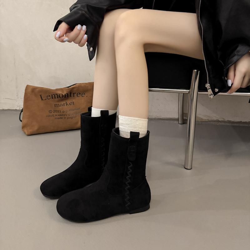New Boots Retro Wide Tube Leather Thick Heel Medium Tube Western Knight Short Boots Women's Autumn and Winter Martin Boots Fashion Boots