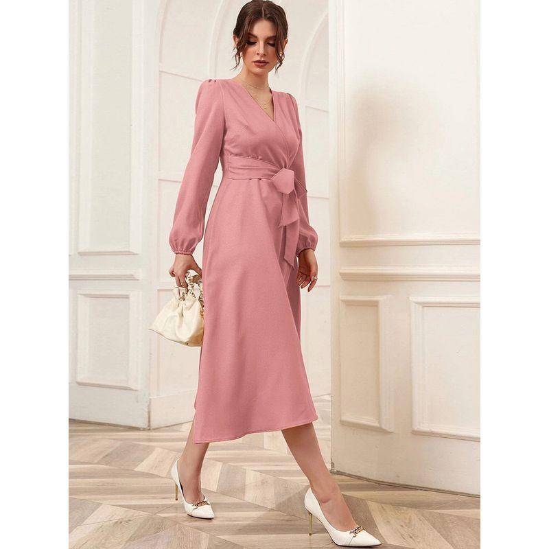 2022 Puff Sleeve Belt V-Neck Large Skirt Women's Dress