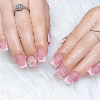 Cross-border Sweet Pink Floral 3D Glue Medium Square Nail Tips - 24 Detachable Pieces