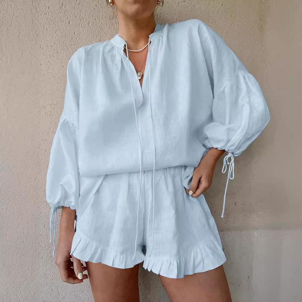 Stylish Cotton Linen V-Neck Lantern Sleeve Shorts Two-Piece Set