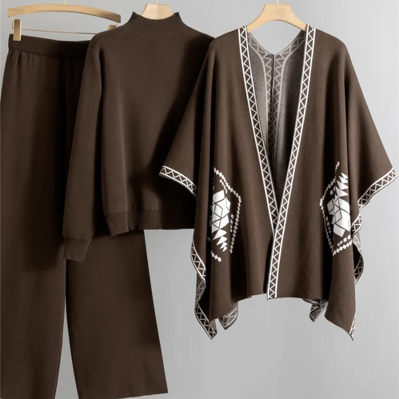 Korean Design Knitted 3 Piece Sets Women Knitwears Chic Shawl Sweater Pullover Tops Conjuntos High Waist Wide Leg Pants Outfit