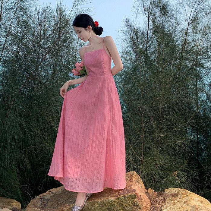 French Pink Premium Sexy Halter Suspender Dress Female Summer Fairy Temperament Seaside Vacation Princess Long Skirt