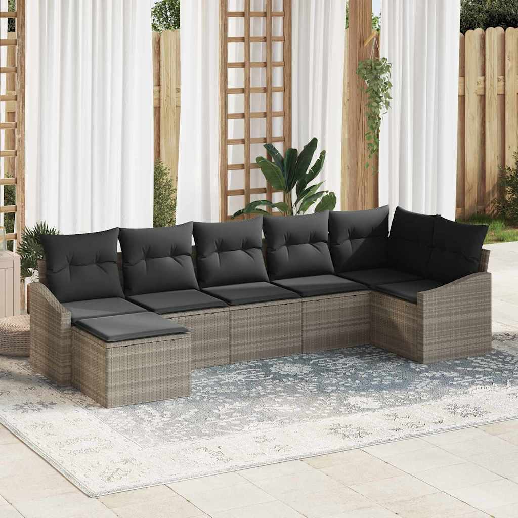 7 Piece Sofa Set with Cushions Light Grey Poly Rattan