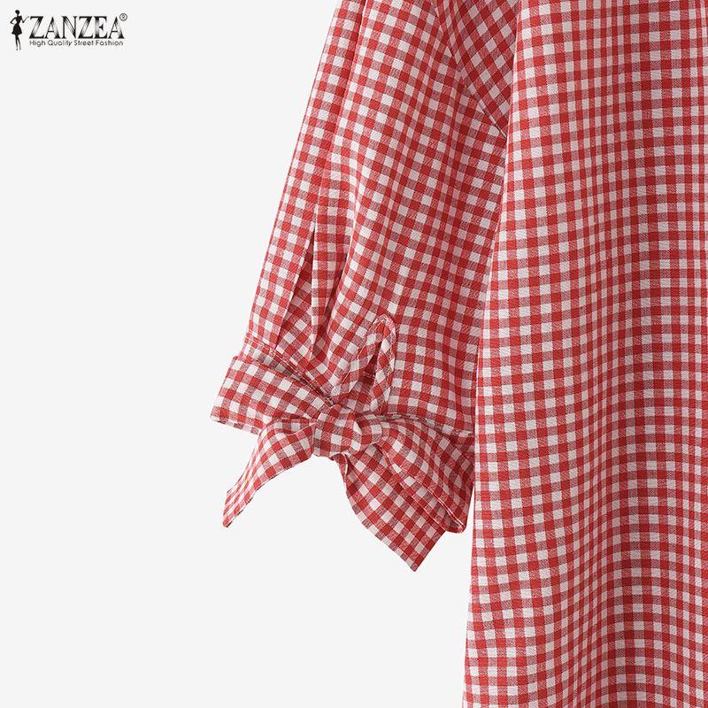 ZANZEA Damen Lässig Locker Reverskragen Kariert 3/4-Ärmel Bluse