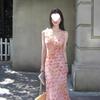 Coffee Break French Gentle Temperament V-neck Floral Suspender Dress Seaside Vacation Style Showing Figure Waist Hip Skirt