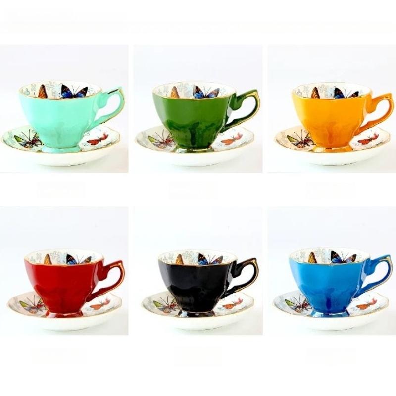 Vintage Butterfly Bone China Coffee Cup Saucer Set, Colorful Ceramic Tea Cup with Gold Rim, Elegant Porcelain Latte Mug for Afternoon Tea Home Decor