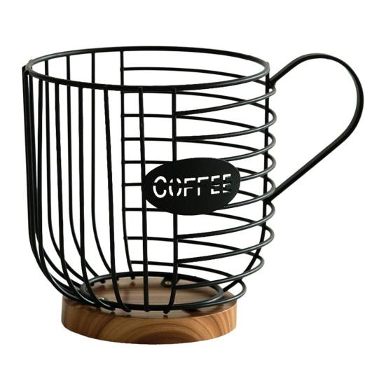 Metal Wire Cup Storage Basket with Wooden Base Coffee Mug Shape Hollow Out Organizer for Home Cafe Bar Countertop Kitchen Decor