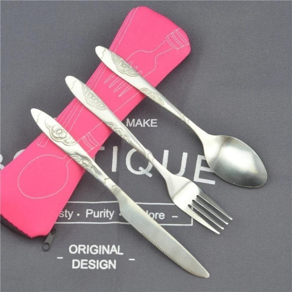 3pcs Set Dinnerware Portable Printed Stainless Steel Spoon Fork Steak Knife Set Travel Cutlery Tableware with Bag