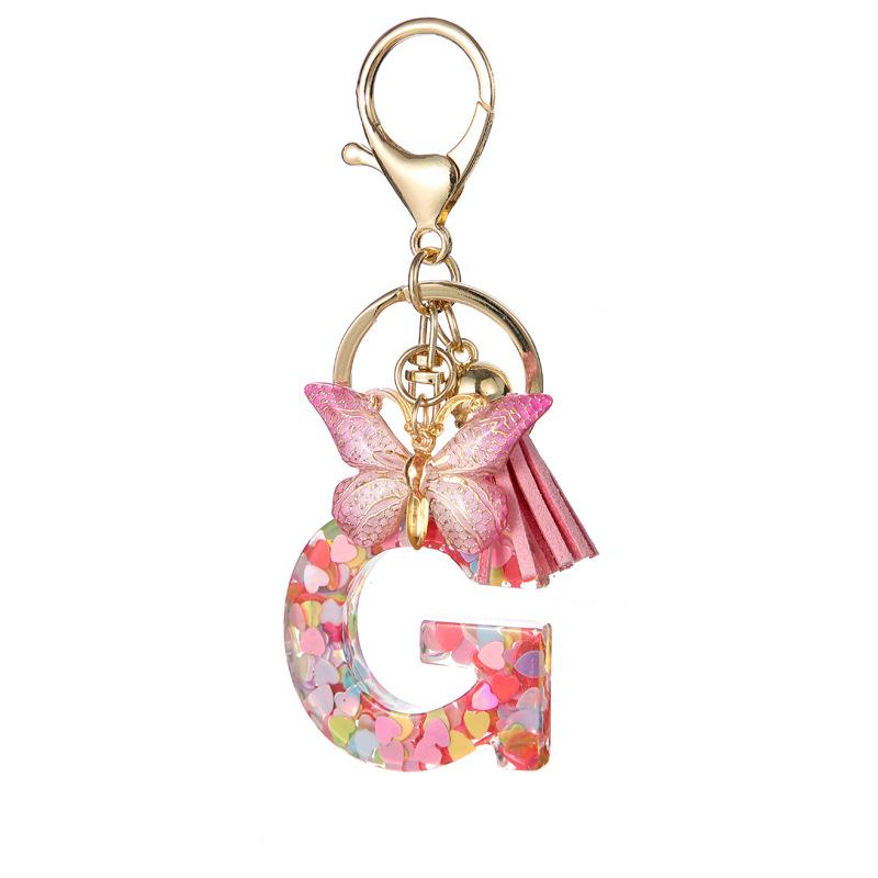 Pink Glitter Resin 26-Letter Keychain Butterfly Tassel Accessory Retro Durable Bag Charm Practical Gift For Girlfriend Best Friend