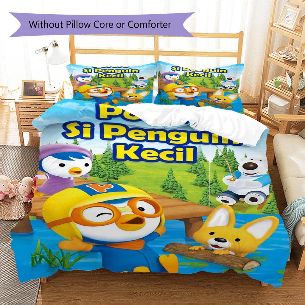 Pororo Cartoon Pattern Bedding Set Quilt Cover Pillowcase Home Decor Gift (1 * Duvet Cover + 2 * Pillowcase, Without Core)