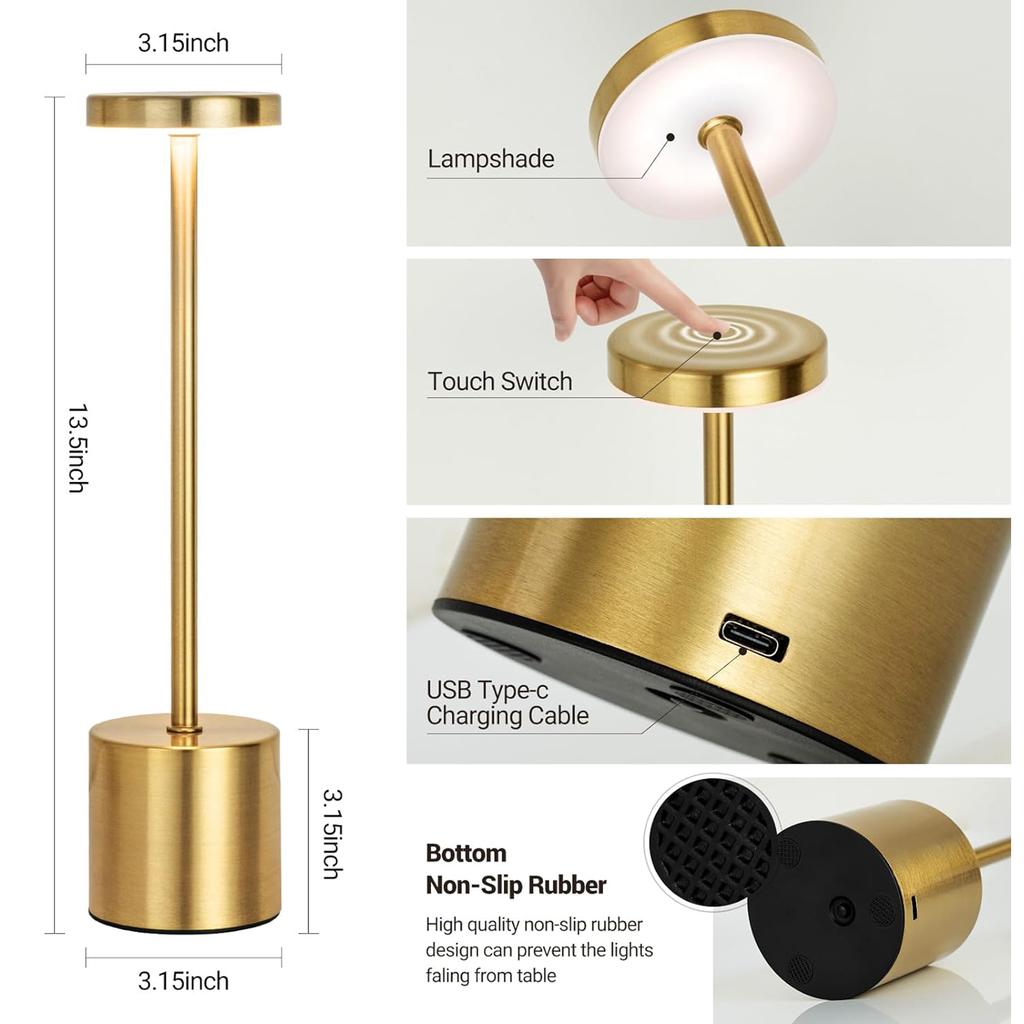 Lâmpada de Mesa LED Sensor Touch Classic Recarregável Sem Fio para Mesa 3 Temperaturas de Cor Ajustáveis Estilo Moderno Luz Noturna LED