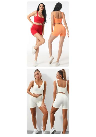 Europäisch-Amerikanisches Nahtloses Schnelltrocknendes Yoga-Westen- & High-Waist-Shorts-Set für Damen