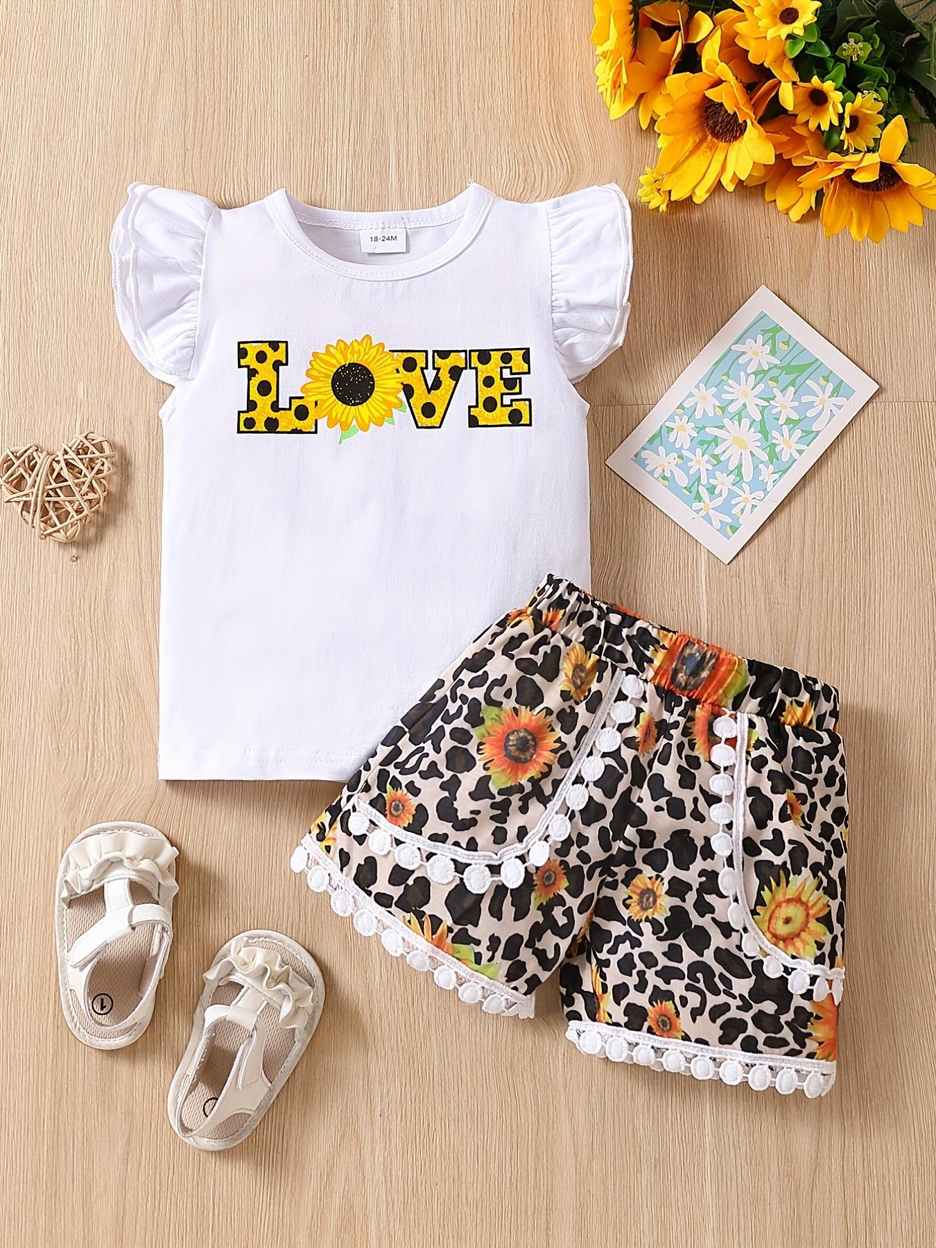 Girls  Flowy Sleeve Short Dress Set with Love Letter Leopard Print Sunflower Pattern - Summer Short Pants Set for Little Girls 18-24M белый